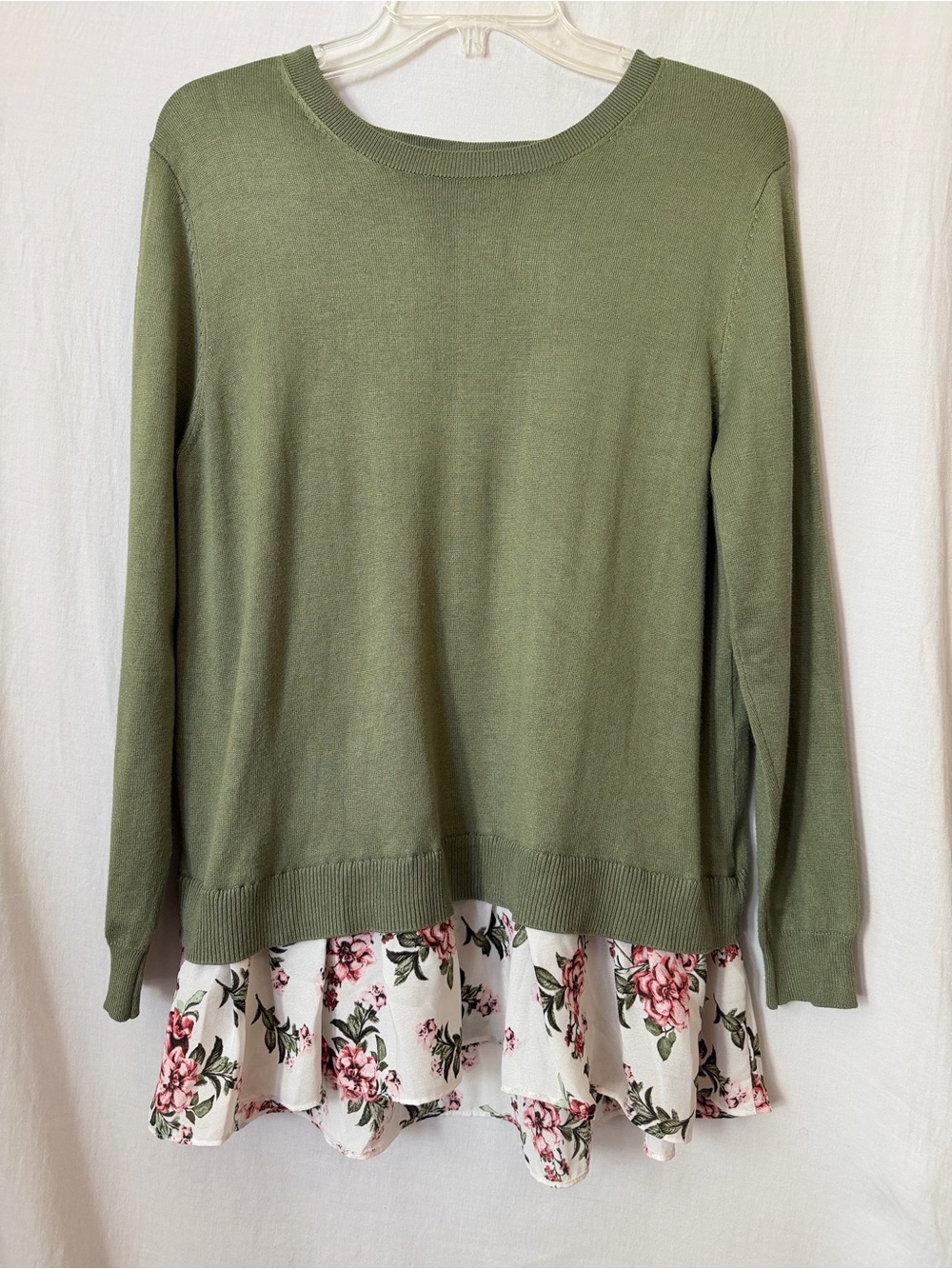 Floral Pleated Layered Sweater Olive Green Time and Tru M